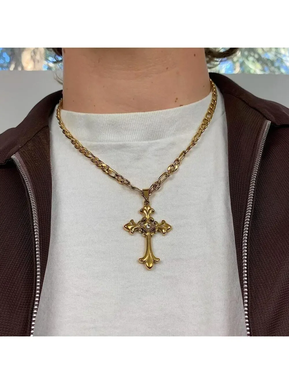 Y2k style Gold Figaro Big Gothic Rhinestone Cross Pendant Necklace. Stainless